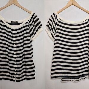Club Monaco Silk Blouse Black Cream White Stripe Button Front Short Sleeve XS‎